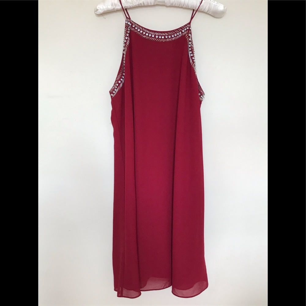 YA LOS ANGELES EMBELLISHED BURGUNDY SLIP DRESS